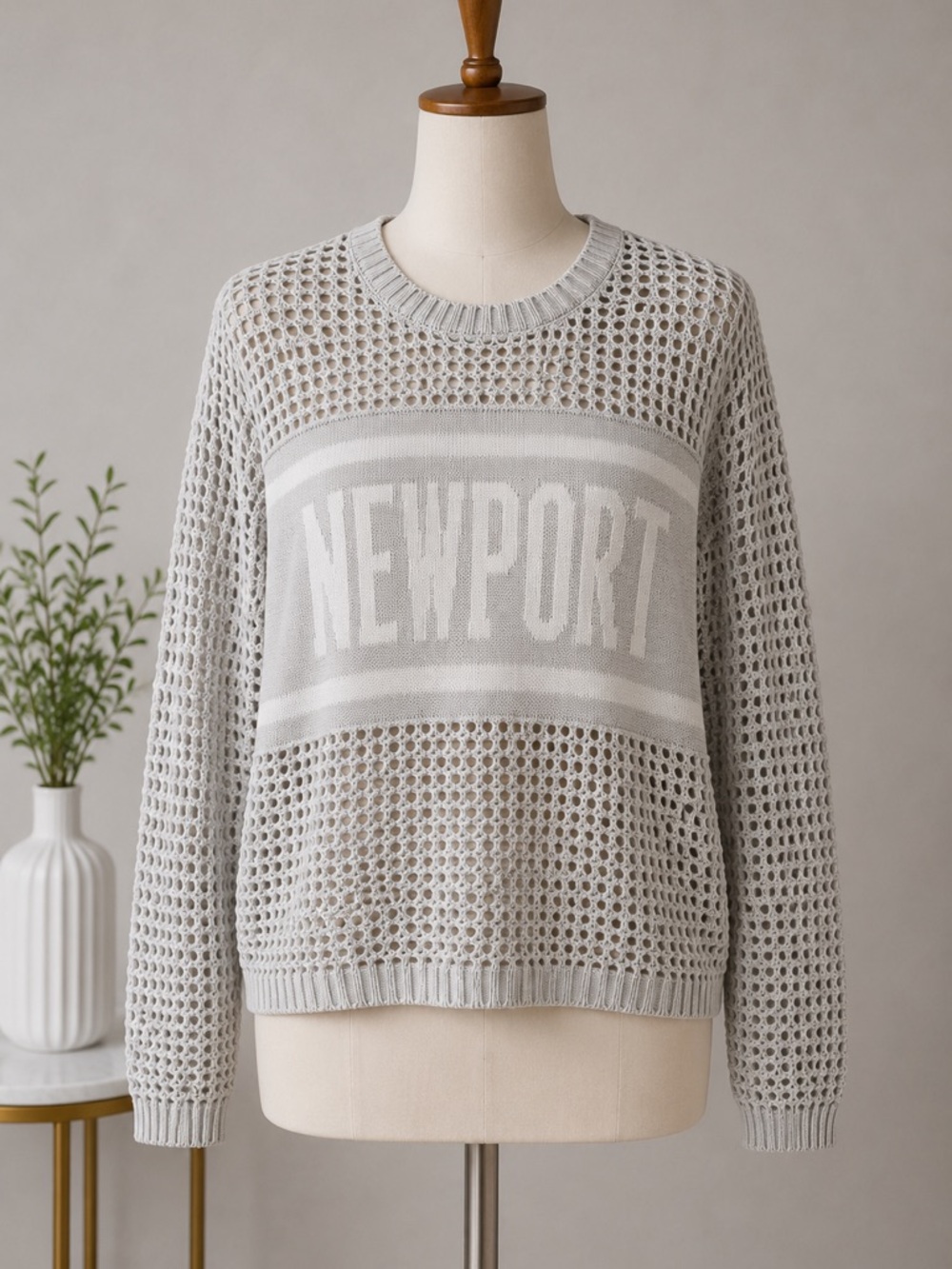 Hooked Up by IOT Gray Open-Knit NEWPORT Crewneck Sweater Size S NWT